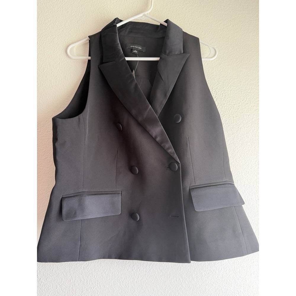 NEW ANN TAYLOR BLACK BI-STRETCH DOUBLE BREASTED‎ VEST SZ 14 Missing1 Button